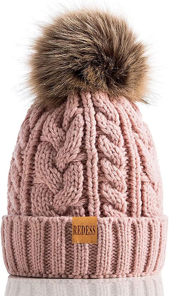 REDESS Women Winter Pompom Beanie Hat with Warm Fleece Lined, Thick Slouchy Snow Knit Skull Ski Cap