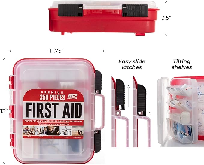 M2 BASICS Professional 350-Piece Emergency First Aid Kit for Home, Business, Car, Vehicle & Office – Organized Dual-Layer Hard Case, Wall-Mountable Medical Supply Organizer, OSHA Workplace Safety