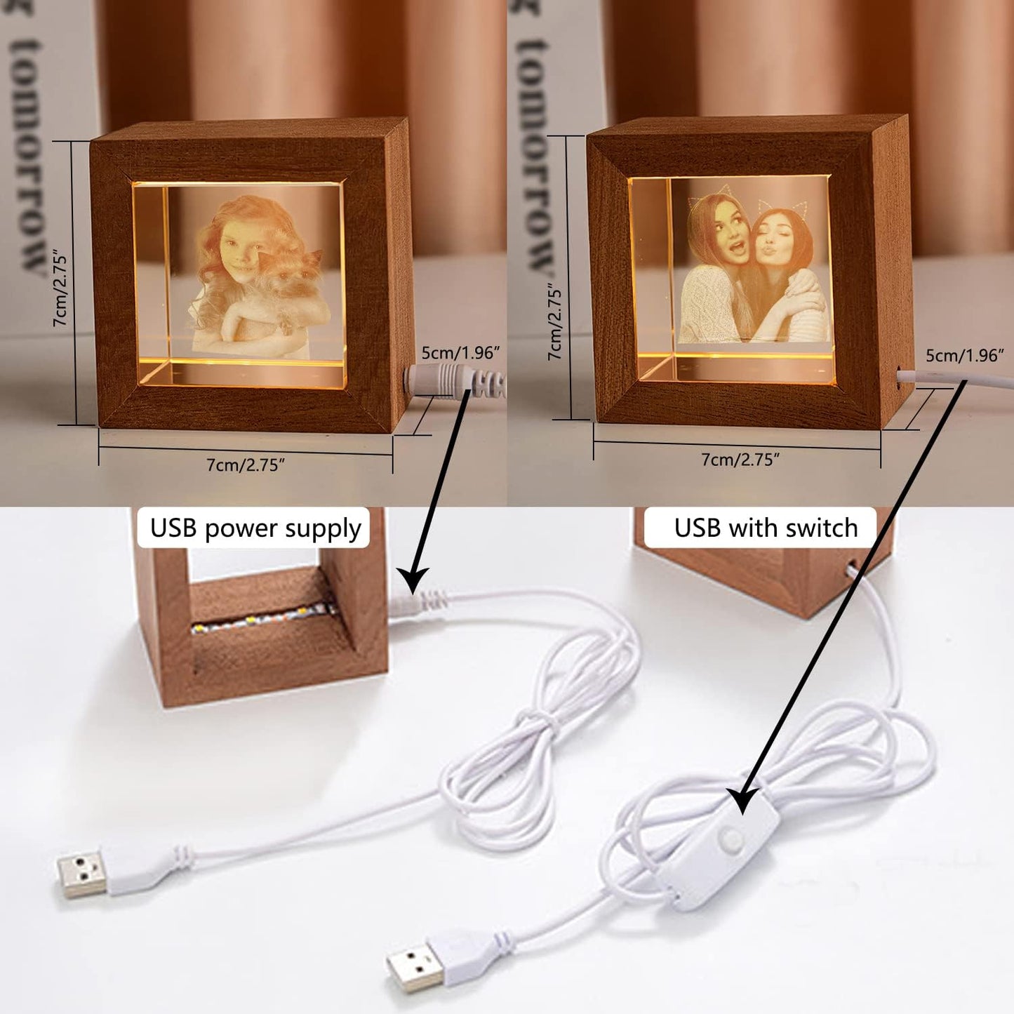 3D Crystal Photo, Custom Engraved Square Crystal, Children's Night Light, Personalized, Pet & Birthday Gift