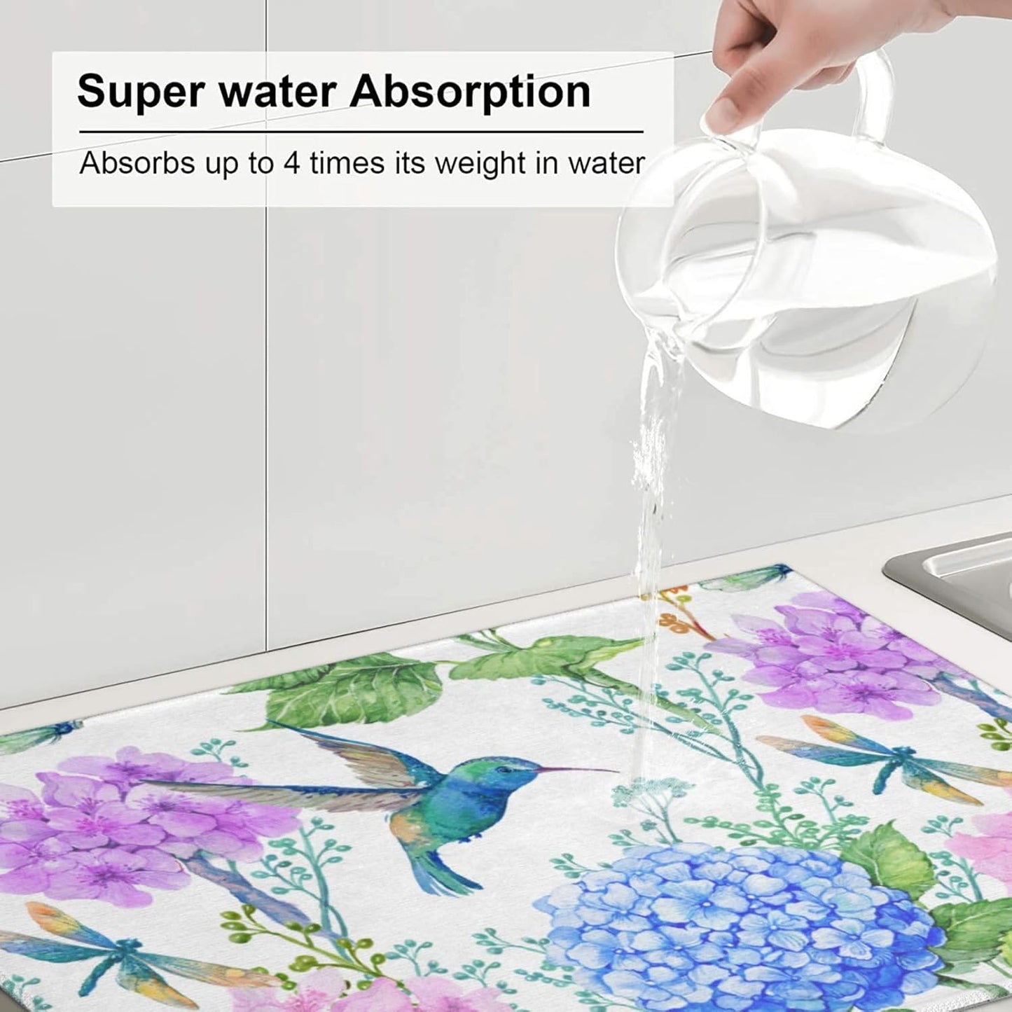 Dish Drying Mat Spring Hummingbird Flower Hydrangea for Kitchen Counter Absorbent Dishes Drainer Microfiber Large 18x24 Inch