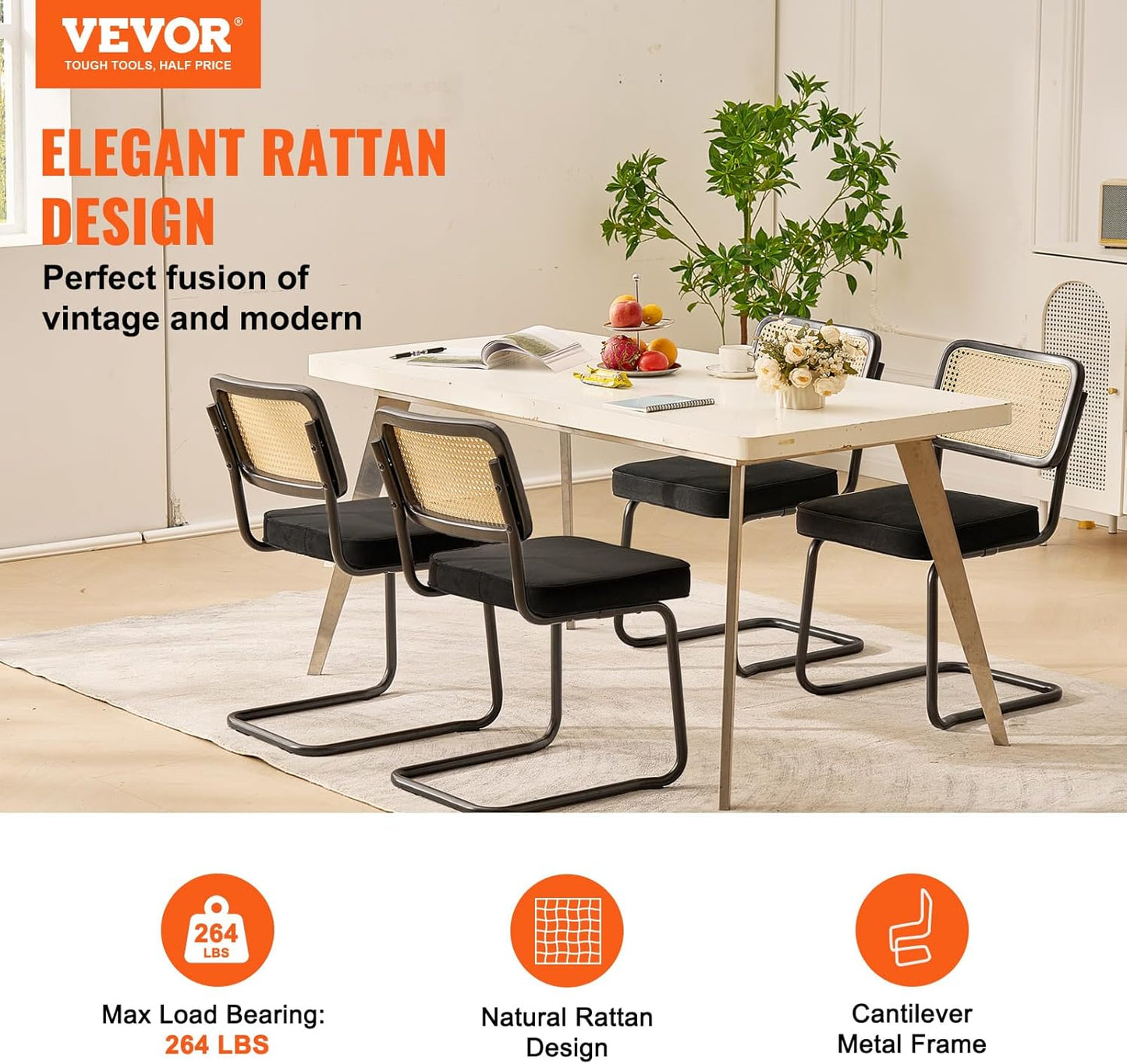 VEVOR Rattan Dining Chairs Set of 4, Mid Century Modern Dining Chair, Upholstered Velvet Accent Chair with Rattan Back, Retro Dining Room Kitchen Chair for Living Room, Bedroom (18.1 Inch)