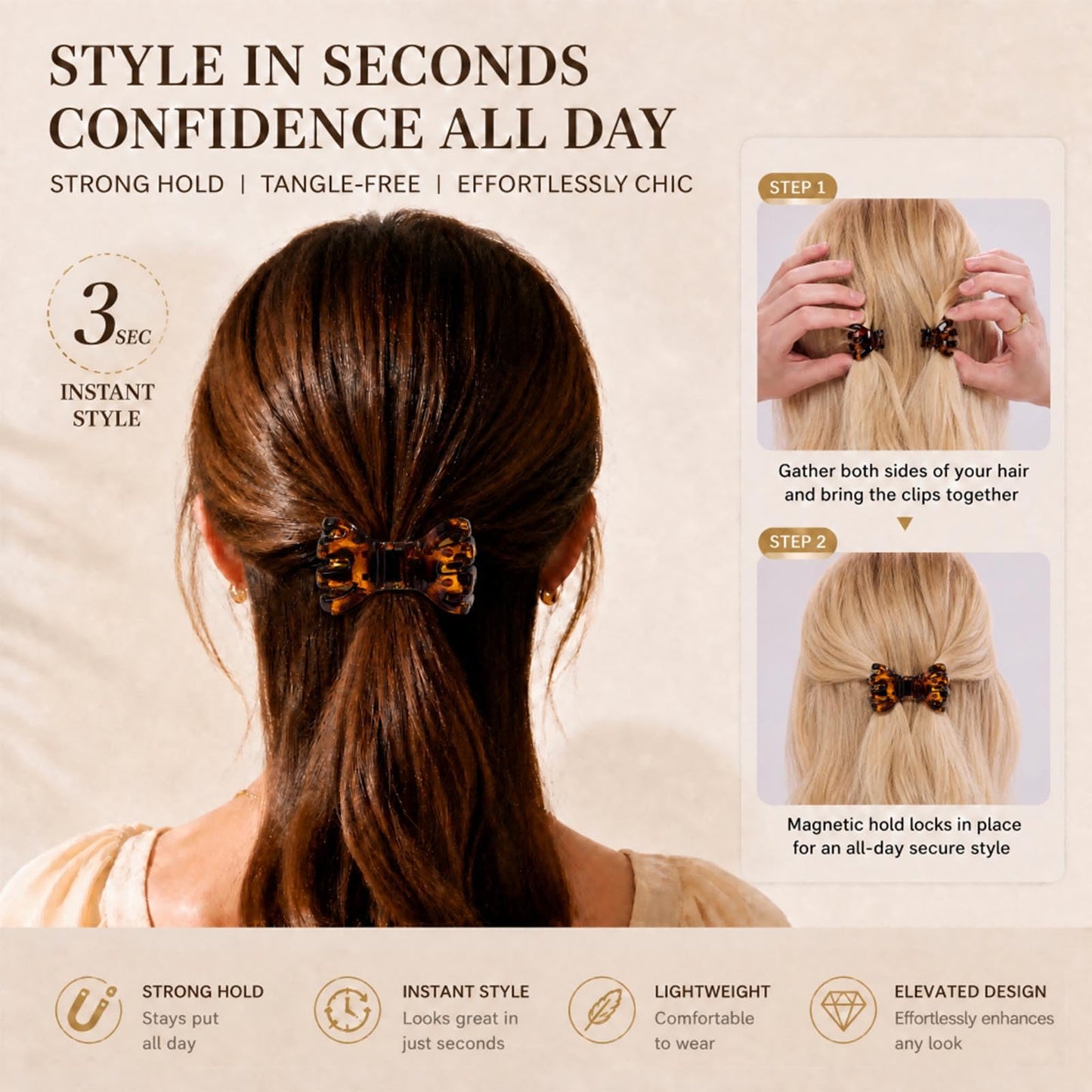 ASTRULUME 2Pcs Magnetic Hair Clips, Strong Hold No-Slip Styling Clips for Layered Styles, Half-Updos and Braids, Seamless 2-in-1 Clavicle Design, Multiple Colors(Blue)