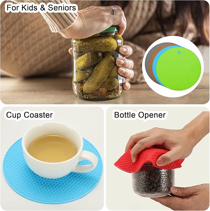uxcell 4pcs Silicone Jar Opener Pads, 17.5cm/7" Texture Can Opener Multipurpose Round Bottle Lid Opener Non-Slip Coasters for Weak Hands Seniors Children, Brown/Green/Blue/Gray