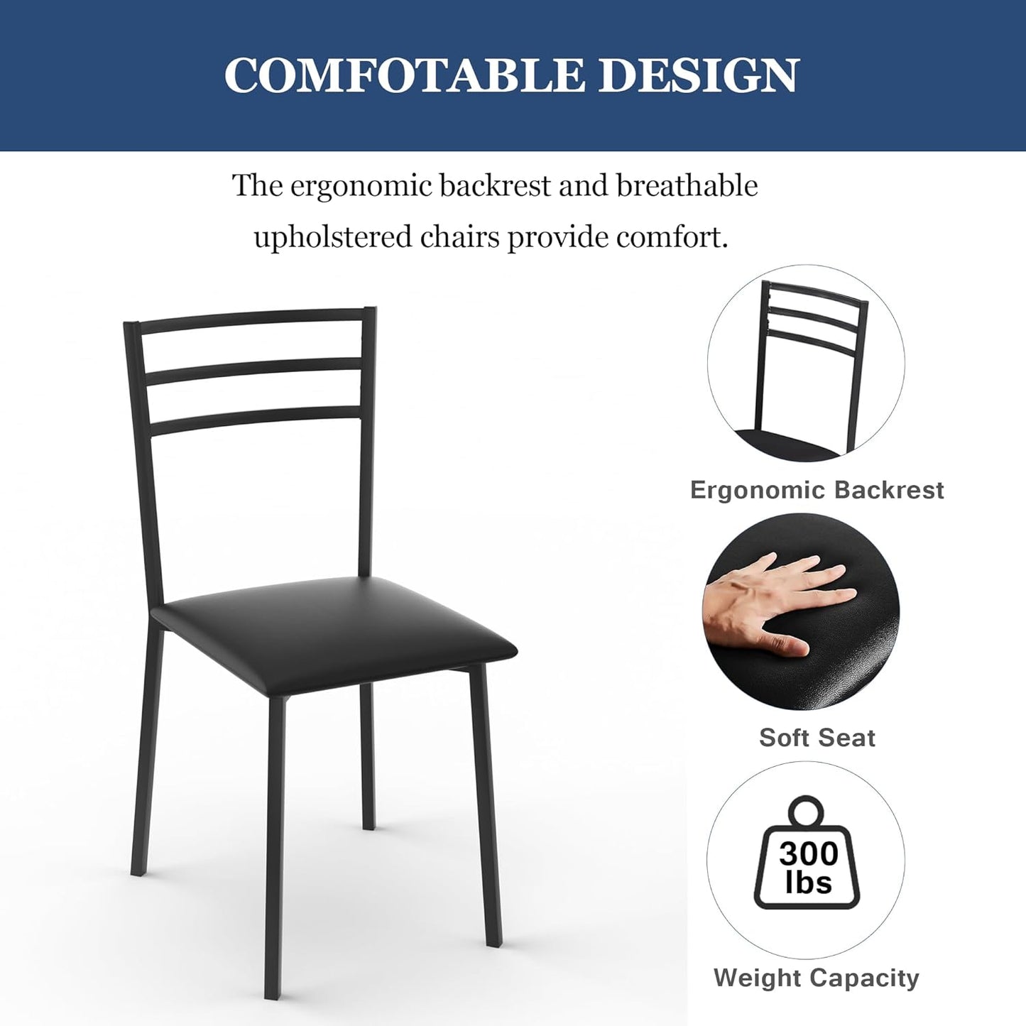 VECELO Small Round Kitchen Table with 2 Upholstered Chairs, 3-Piece Wood Dinette Sets with Steel Frame for Breakfast Nook, Dining Room, and Small Space, Wood-Grain Black