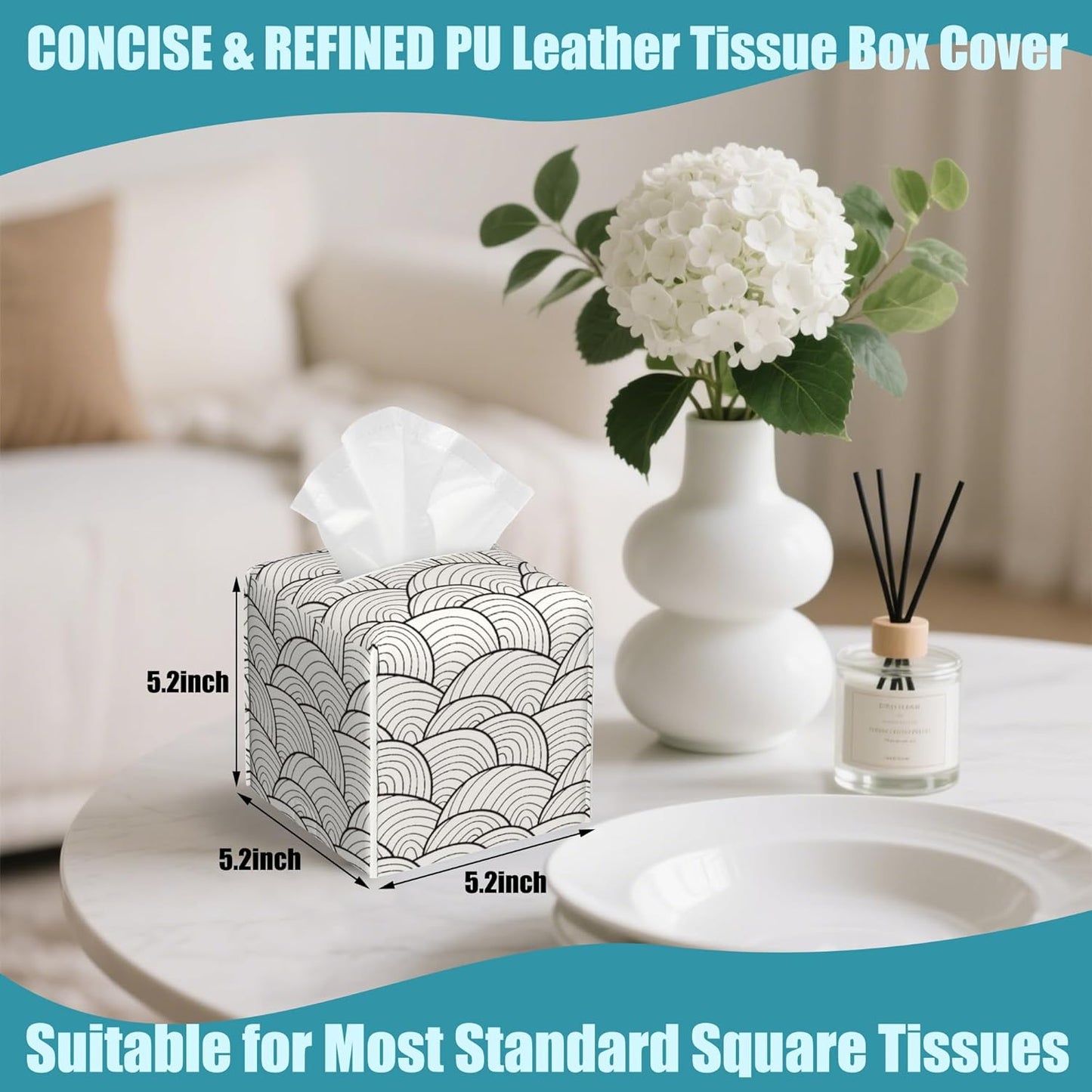 Abstract Waves Tissue Box Holder,Square Leather Tissue Box Cover with Bottom Belt,Waterproof Modern Napkin Holder Organizer for Car Bathroom Nightstand Vanity Office Tabletop,5.2" x 5.2" x 5.2"