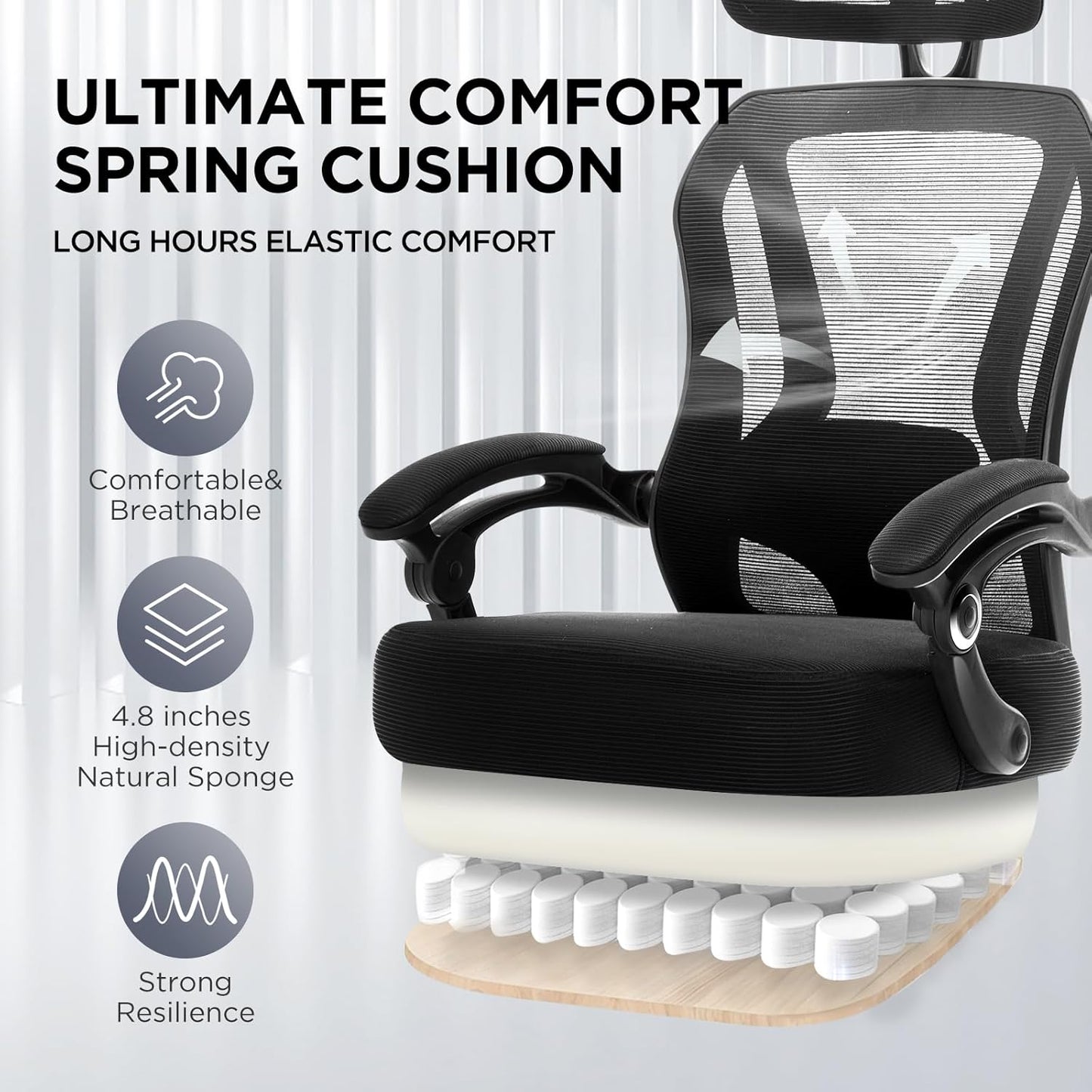 Ergonomic Office Chair with Footrest,Ultra Thick Reclining Office Desk Chair with Adjustable 2D Lumbar Support and Headrest,Spring Cushion,High Back Premium Mesh Computer Chair Office Chairs,Black