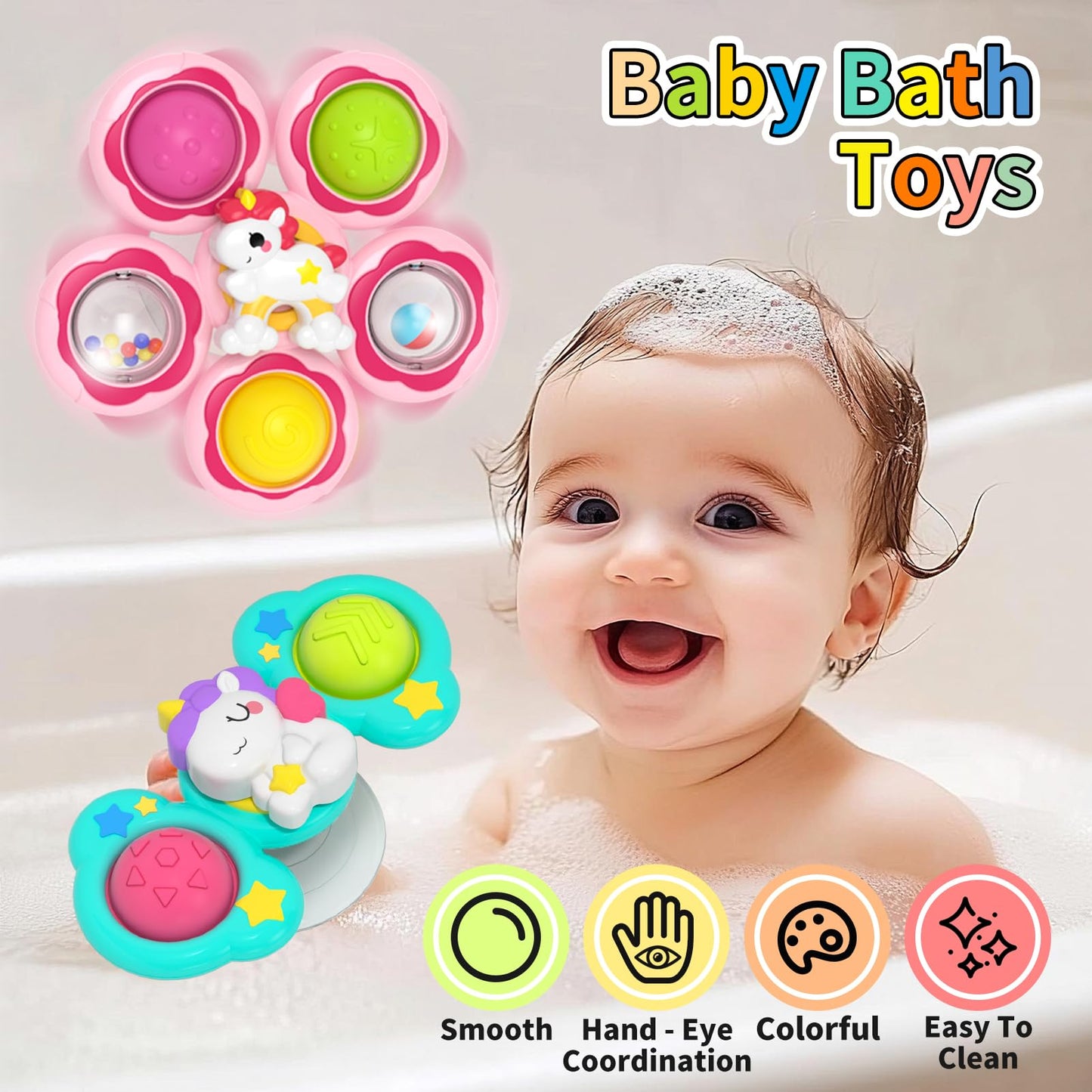 Usrela 4Pcs Suction Cup Rotating Toys for 1 Year Old Boy Girl, Bath Toys for Baby 12 18 Months, 1 2 Year Old Boy Birthday Gift, Sensory Toy for Toddler 1-3