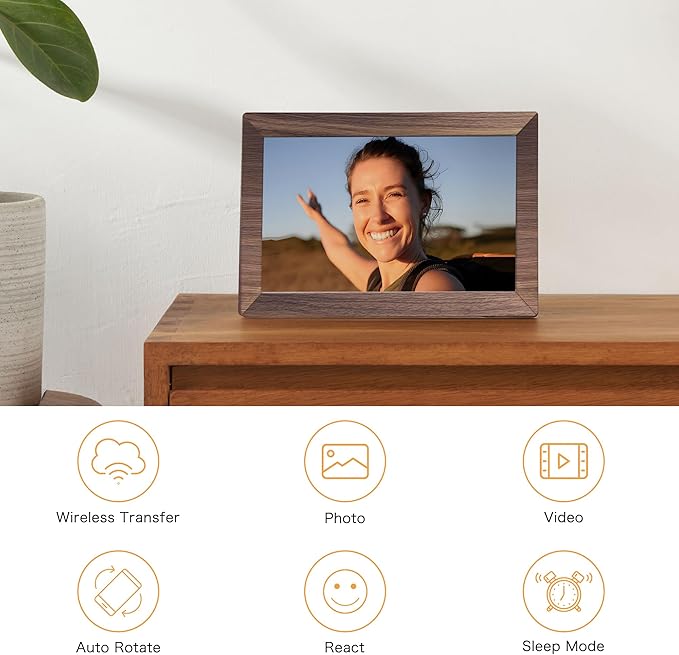 Digital Picture Frame, Frameo WiFi 10.1 Inch 1280 * 800IPS Touch Screen Digital Photo Frame, 32GB Memory, Auto-Rotate, Share Videos Pictures, Birthday Gift for Friend, Family, Wood Color Plastic Frame