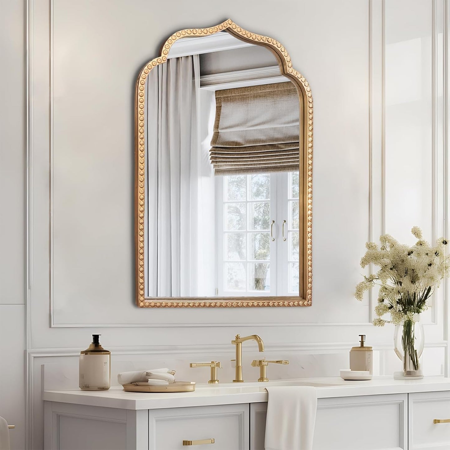 Gold Arch Mirror, 24"x36" Arched Vanity Mirrors for Bathroom, Metal Beaded Frame Ornate Decorative Mirror, Scalloped Vintage Mirrors for Fireplace Bedroom Living Room Hallway Entryway