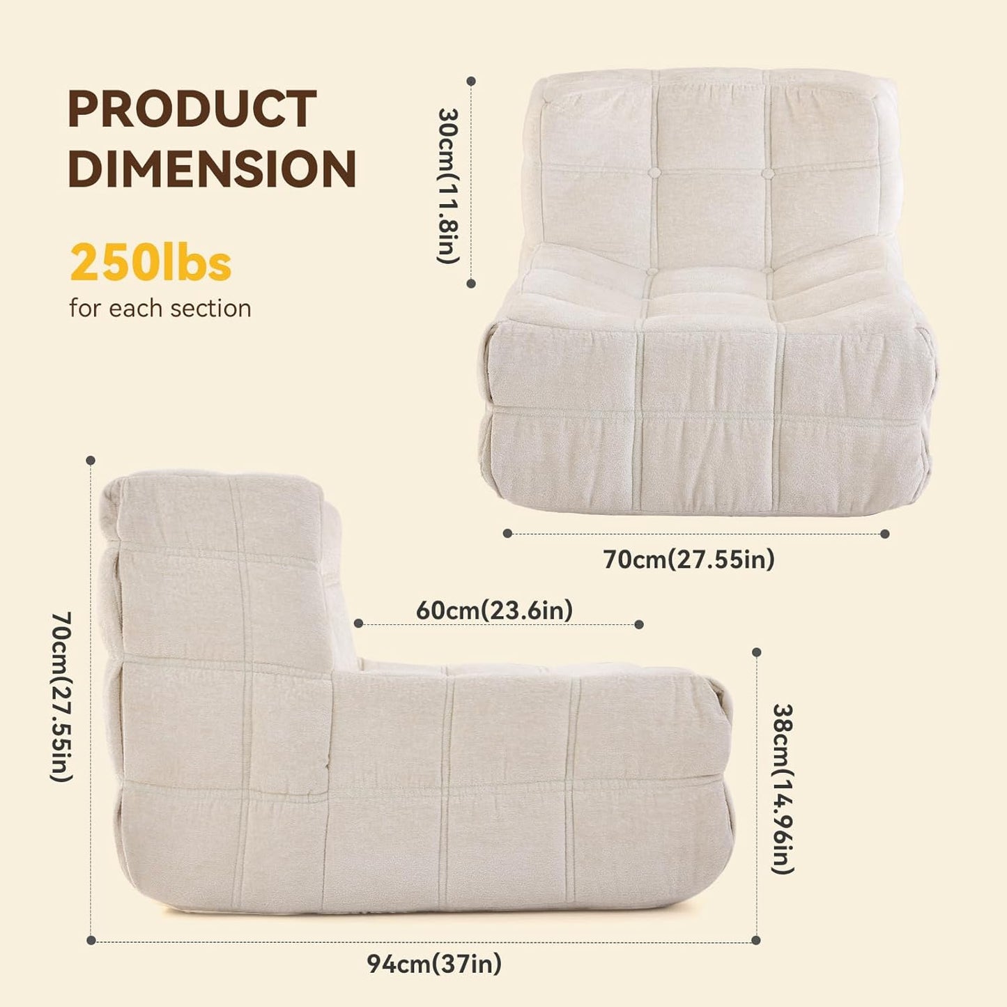 Bean Bag Chair, Soft Chenille Pre-Filled Lazy Chair Floor Sofa Bean Bag Chair for Adults and Teens, Accent Chair for Living Room Bedroom Apartment (Ivory)