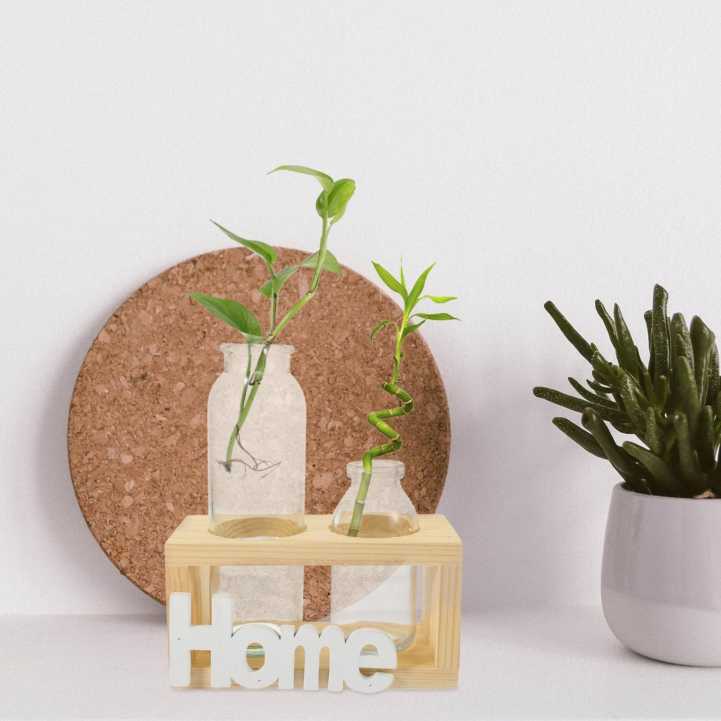 Operitacx Nordic Style Hydroponic Glass Vase with Wooden Rack, 2pcs Tabletop Plant Propagation Station for Indoor Air Plants and Terrarium Décor