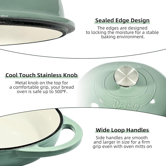 Davivy 6QT Cast Iron Oval Dutch Oven with Silicone Baking Mat, Bread Dutch Oven for Sourdough Bread Baking 6QT, Cast Iron Loaf Pan with Domed Lid - Sea Salt Green