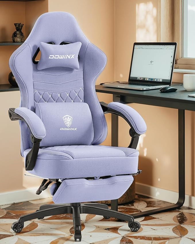 Dowinx Gaming Chair with Footrest, Breathable Fabric Gamer Chair with Gel Pad and Storage Bag, Ergonomic Office Chair with Lumbar Support for Home Task, Purple