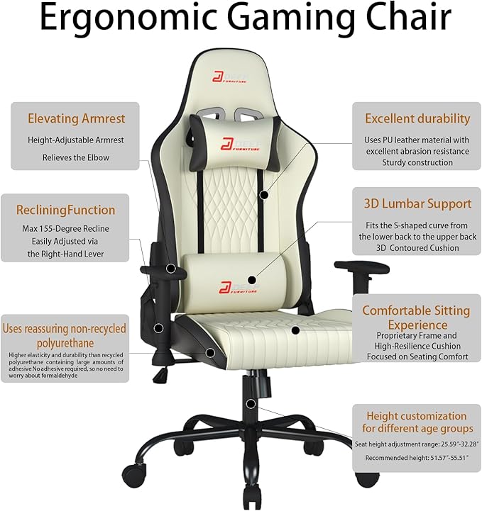 Video Game Chair Ergonomic Comfortable Gaming Office Chair Height-Adjustable with a 360° Swivel Base and Headrest(1002-White)