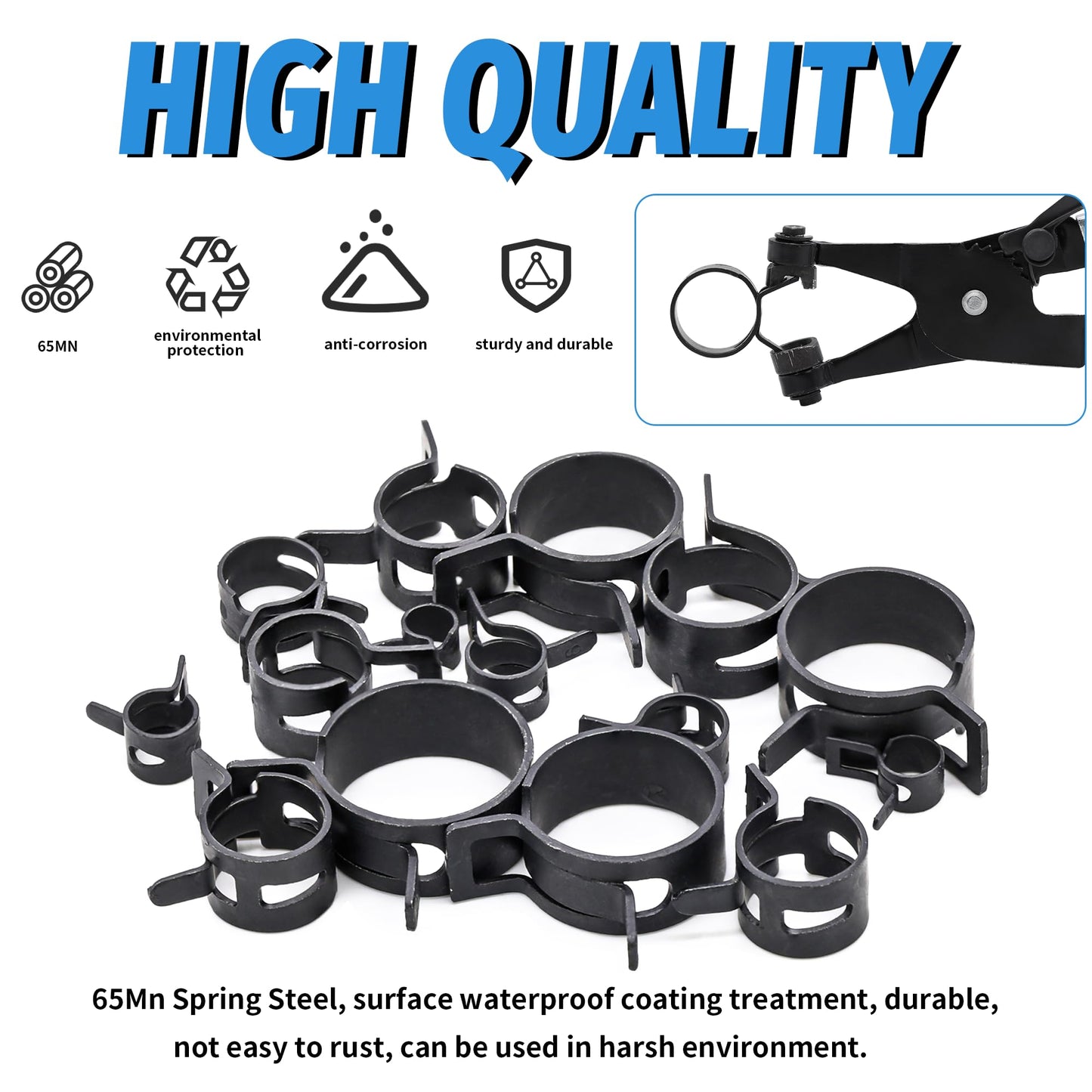 PEROMI 130Pcs 6-25mm Spring Band Hose Clamps With Swivel Flat Hose Clamp Plier Assortment Kit, Constant Tension Steel Clamps for Fuel Lines, Silicone, Vacuum Hoses & Low-Pressure Air Clips