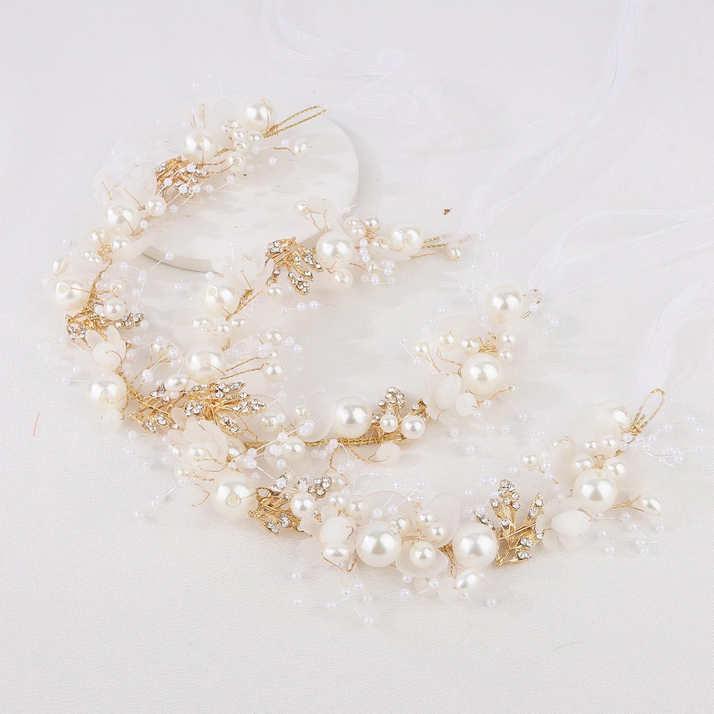 Semato 2 Pcs Flower Girl Headpiece for First Communion Headpiece Princess Tiara Crown with Rhinestone and Pearl Headband Floral Wedding Prom for Girls and Women (Gold)