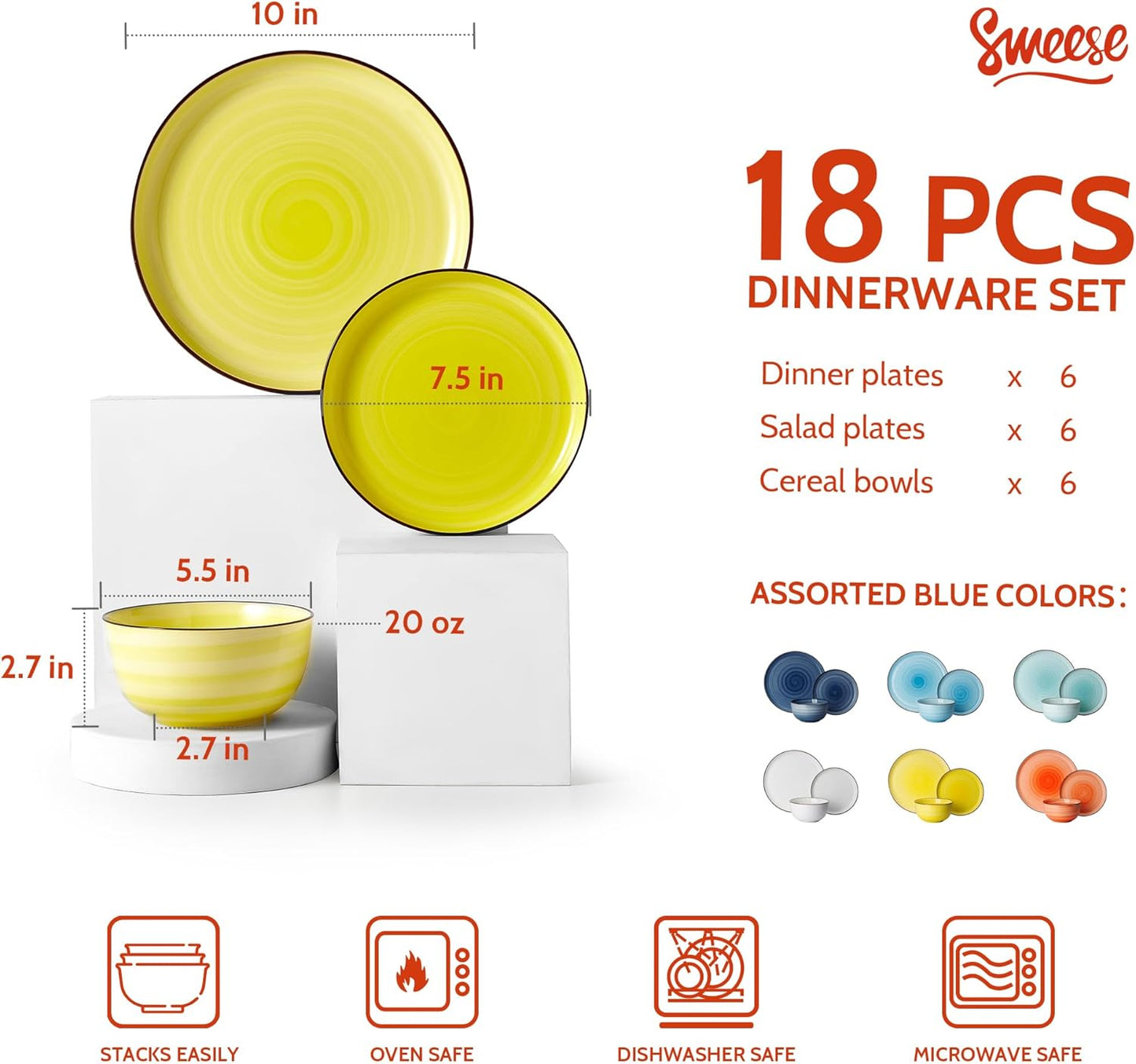 Sweese Plates and Bowls Sets, 18 Piece Dinnerware Set Porcelain Round Dinner Set for 6, Scratch Resistant Dishes Set, Dishwasher Oven Microwave Safe Handpainted Swirl Dishware Sets, Assorted Colors