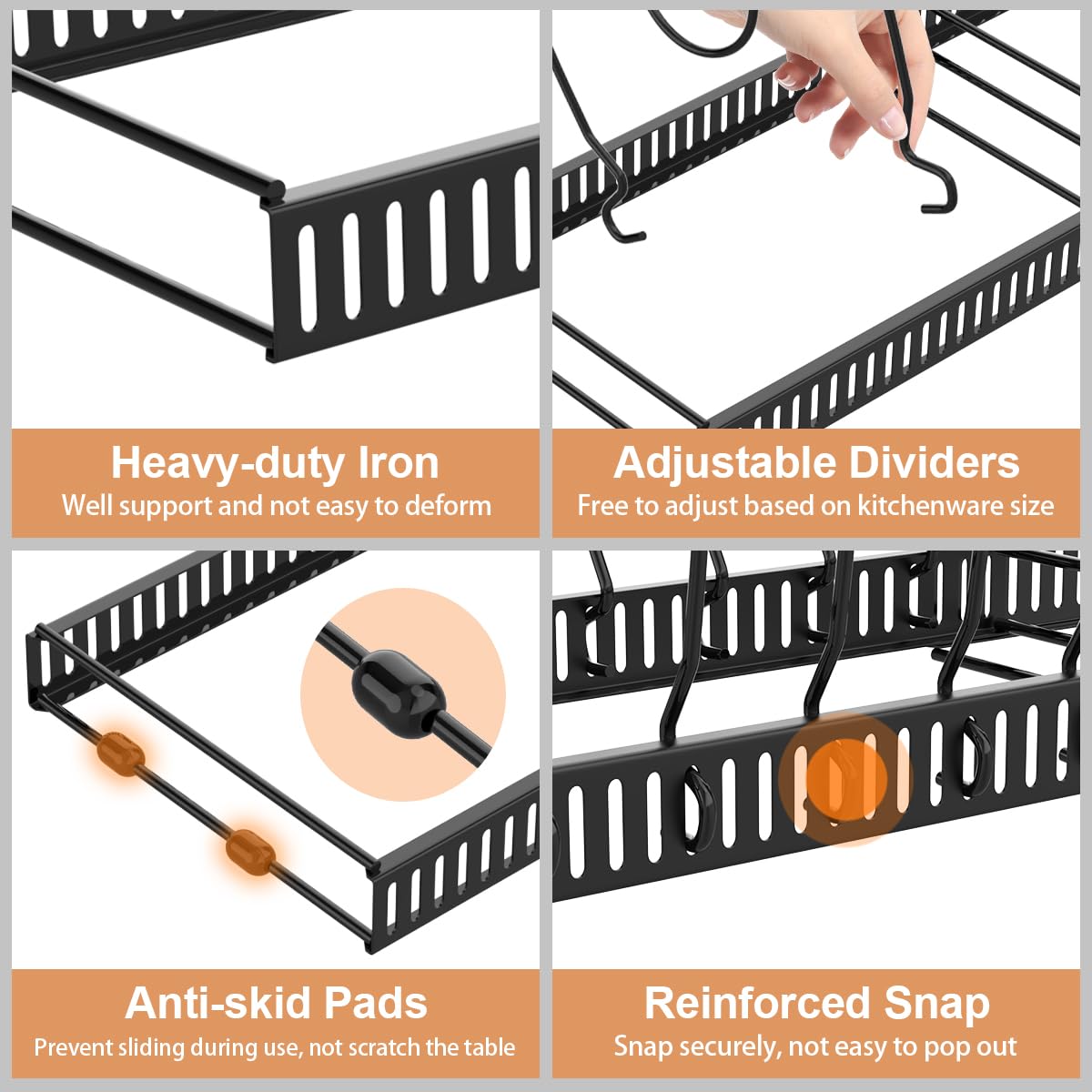 Housolution 2 Pack Pot and Pan Organizer, 12"-23" Expandable Pot Lid Organizer with 14 Adjustable Dividers, Pan Lid Holder Storage Rack for Cabinet, Black