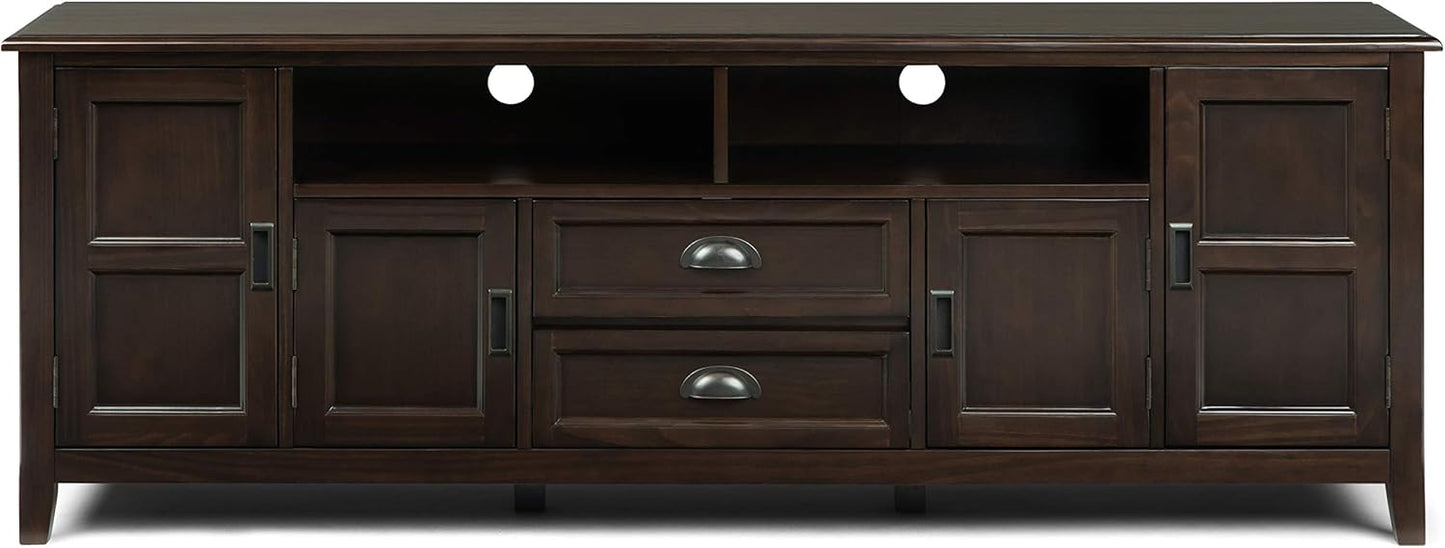 SIMPLIHOME Burlington SOLID WOOD 72 inch Wide Transitional TV Media Stand in Mahogany Brown For TVs up to 80 inches for the Living Room and Entertainment Center