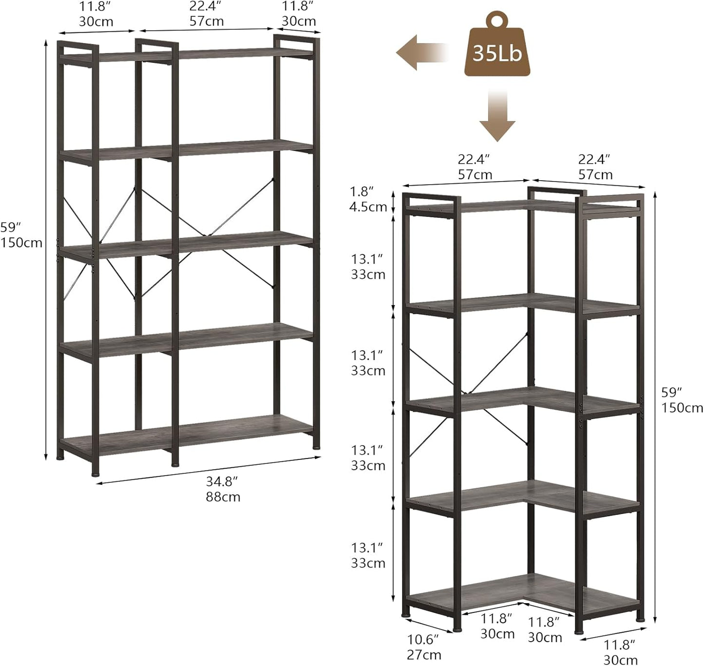 Tohomeor Bookshelf 5 Tier Deformable Corner Bookcase Free Standing Modern Industrial Book Storage Display Book Shelf for Bedroom Living Room Study Room Office (Dark Grey)