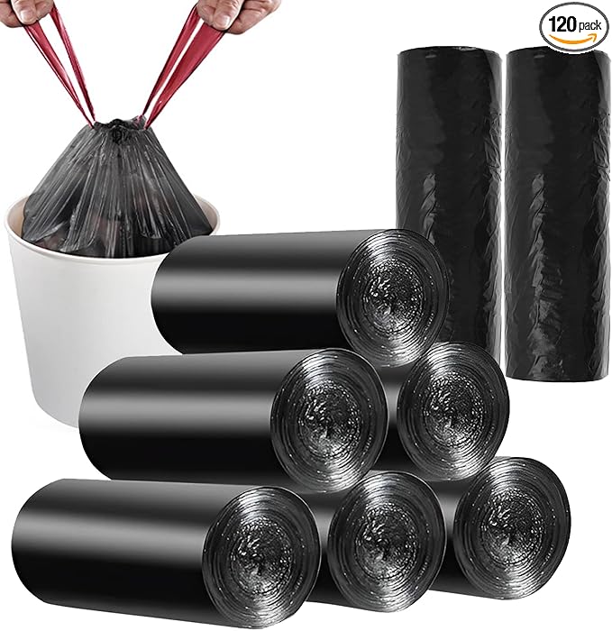 8 Gallon Trash Bags 120 Count Black Drawstring Garbage Bags - Thick Plastic, 22.06'' x 25.61'' (Black, 8) - Suitable for Office, Kitchen, Home