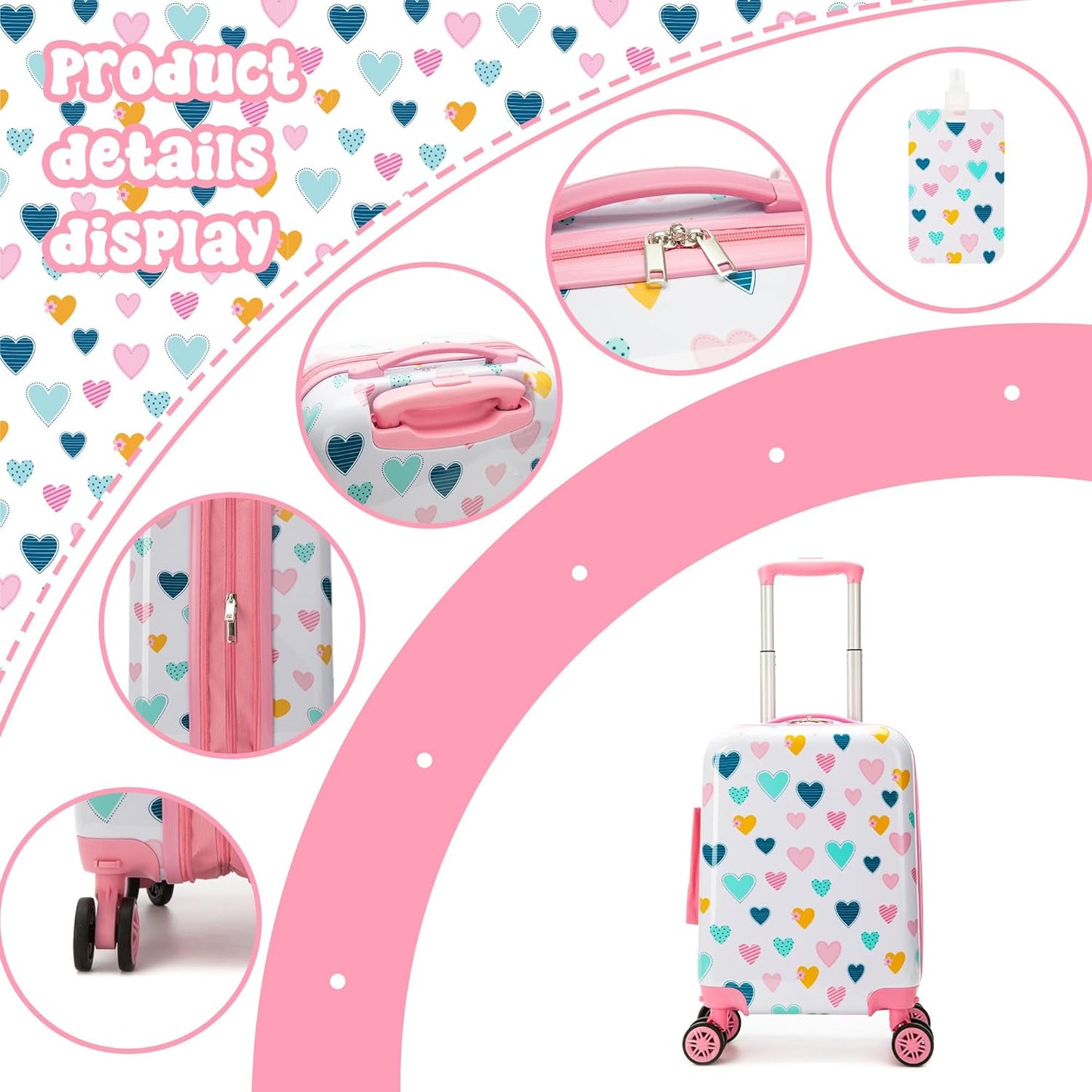 Kid’s Luggage Set 5 Piece Suitcase Set 16’’ Hardside Luggage with Spinner Wheels Girls Carry on Toddler Travel Rolling Suitcase Carry on Luggage Airline Approved