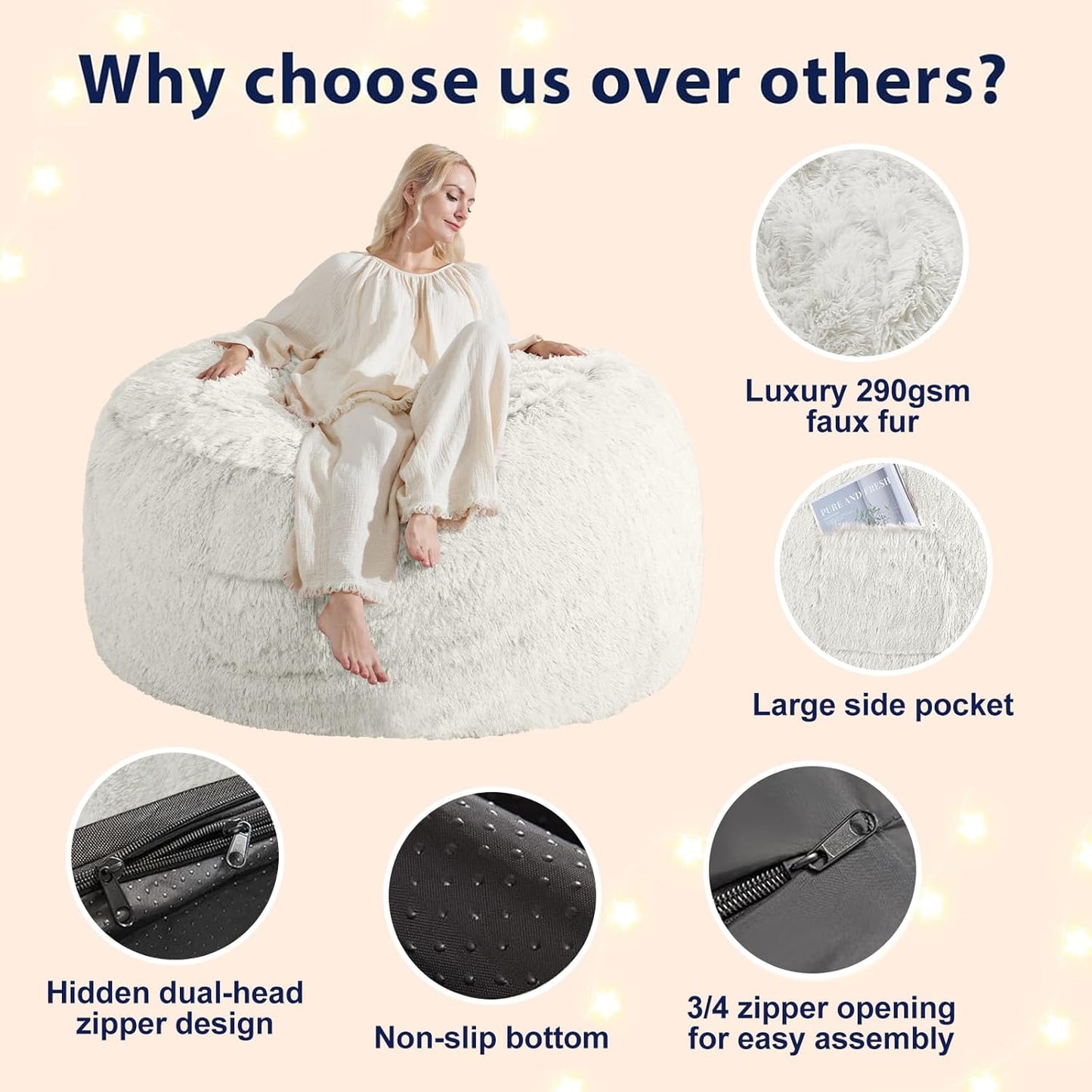 Stuffed Animal Storage Bean Bag (Cover Only), Adult Bean Bag Chair Covers Machine Washable, 5FT White Bean Bag Chair Without Filler Included