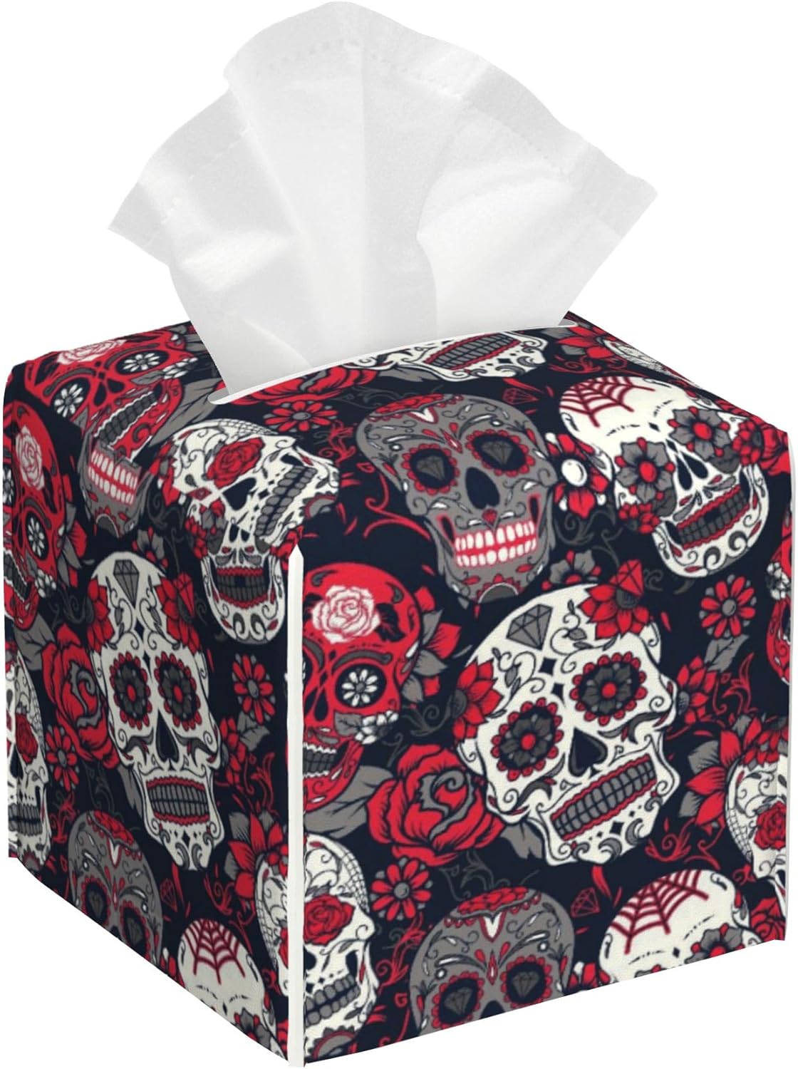 Colorful Sugar Skull Leather Tissue Holder,Red Roses Floral Square Tissue Box Cover,Modern Decorative Facial Tissue Paper Cover for Car Bedroom Vanity Desk Office Table Top,5.2" x 5.2" x 5.2"