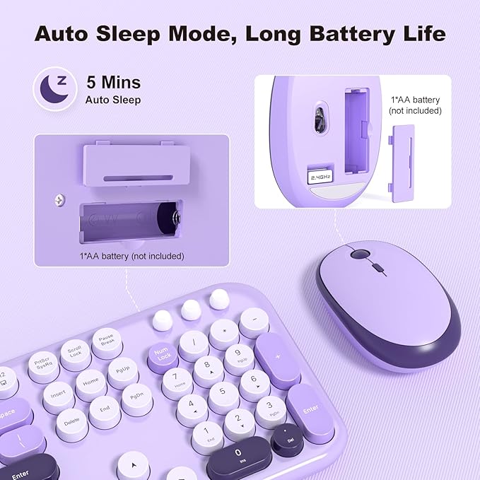 Wireless Keyboard and Mouse Combo, MOWUX Full Size Typewriter Retro Round Computer Keyboard, Cute Optical Mouse Wireless, Plug and Play, for Laptop, PC, Computer- Violet Field