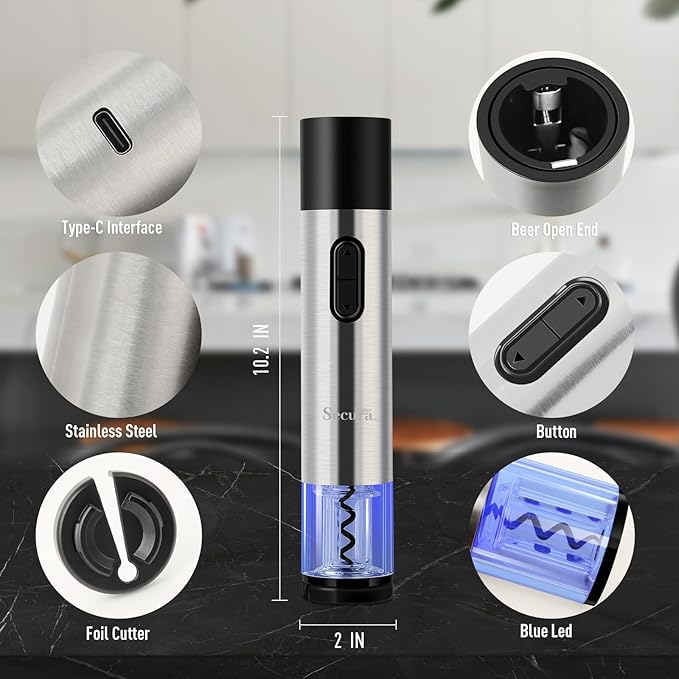 Electric Wine Bottle Opener and Beer Opener 2-in-1, Rechargeable Automatic Corkscrew with Foil Cutter, One-click Wine Opener Electric for Home Kitchen Party Wedding