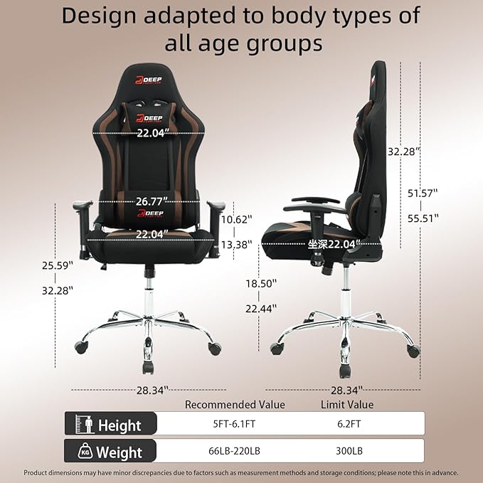 Ergonomic Fabric Gaming Chair with Footrest and Lumbar Support Racing Office Chair Adult-Specific Computer Gaming Chair Wrinkle-Resistant.(1005-Brown)