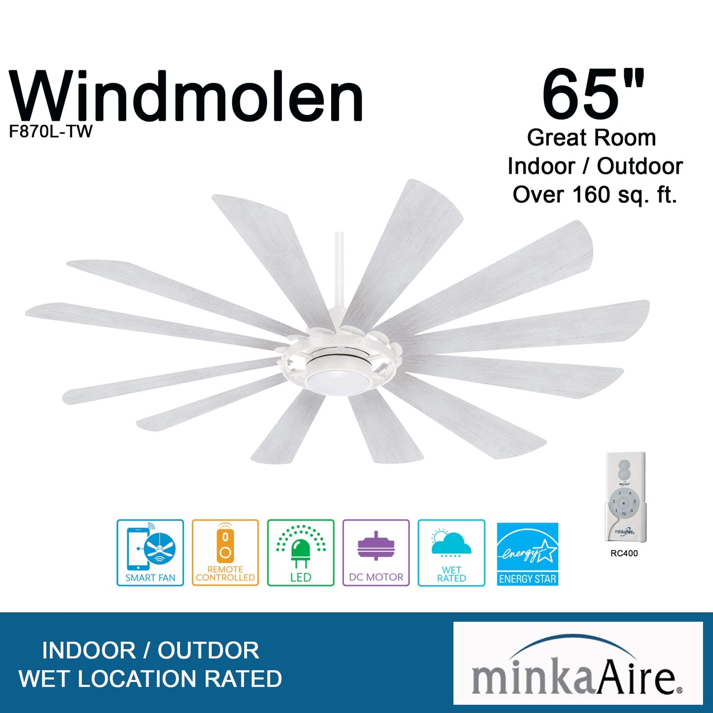 Minka Aire F870L-Tw Windmolen 65 Outdoor Ceiling Fan With Led Light And Remote Control, Textured White