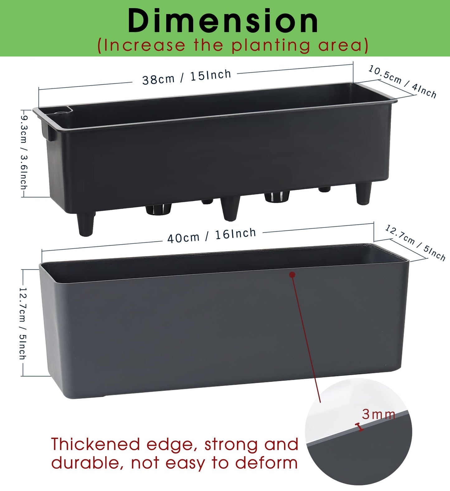 GardenBasix Elongated Self Watering Planter Pots 2-Pack Window Box 5.5 x 16 inch Indoor Home Garden Modern Decorative Pot for All House Plants Flowers Herbs (Dark Grey,2)