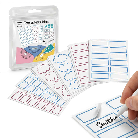 HX AURIZE Write On Fabric Iron-On Name Labels for Clothing (116 Pcs) - NOT A Regular Sticker, Anti-Bleed Washable Tags for Nursing Home & Daycare, Dry Cleaner Safe Kit (Berry & Sky)