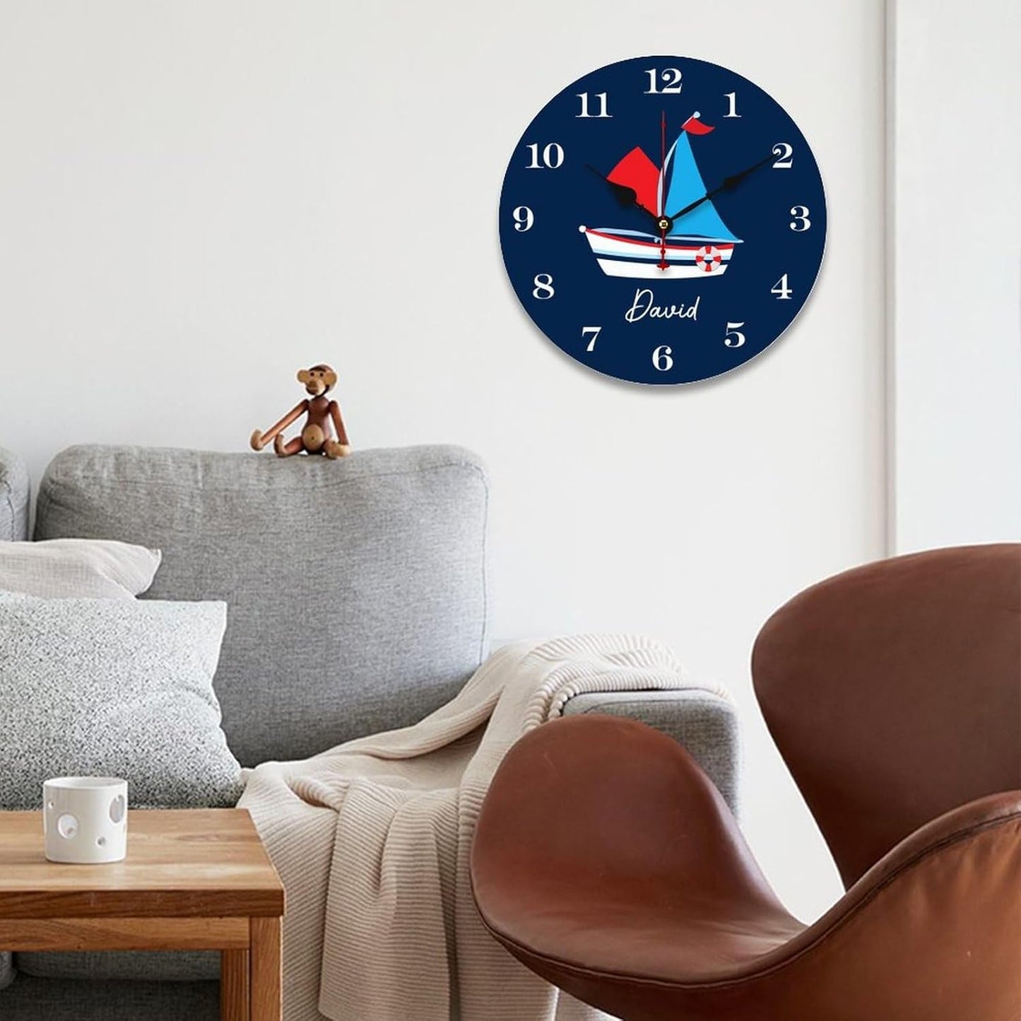 Personalized Boat Kids Wood Wall Clocks Rustic Battery Operated 10 inch Non Ticking Wall Clock for Kids Rooms Boys Girls,Nursery Wall Clock,Custom Kids Clock with Name,Birthday, Style-9