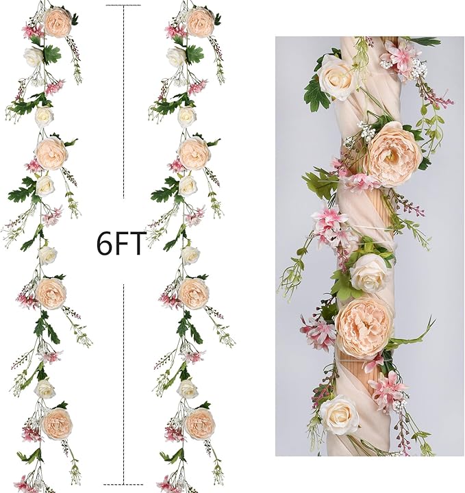 2 Pack Artificial Peony Flower Garland - 6ft Silk Peony Garland Flower Vine Champagne Peony Silk Roses Flowers for Wedding Arch Party Table Decor (2, Champagne)