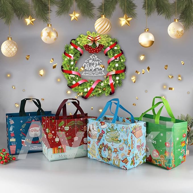 8PCS Christmas Gift Tote Bags with Handles, Multifunctional Non-Woven Bags for Gifts Wrapping Shopping, Xmas Party Supplies