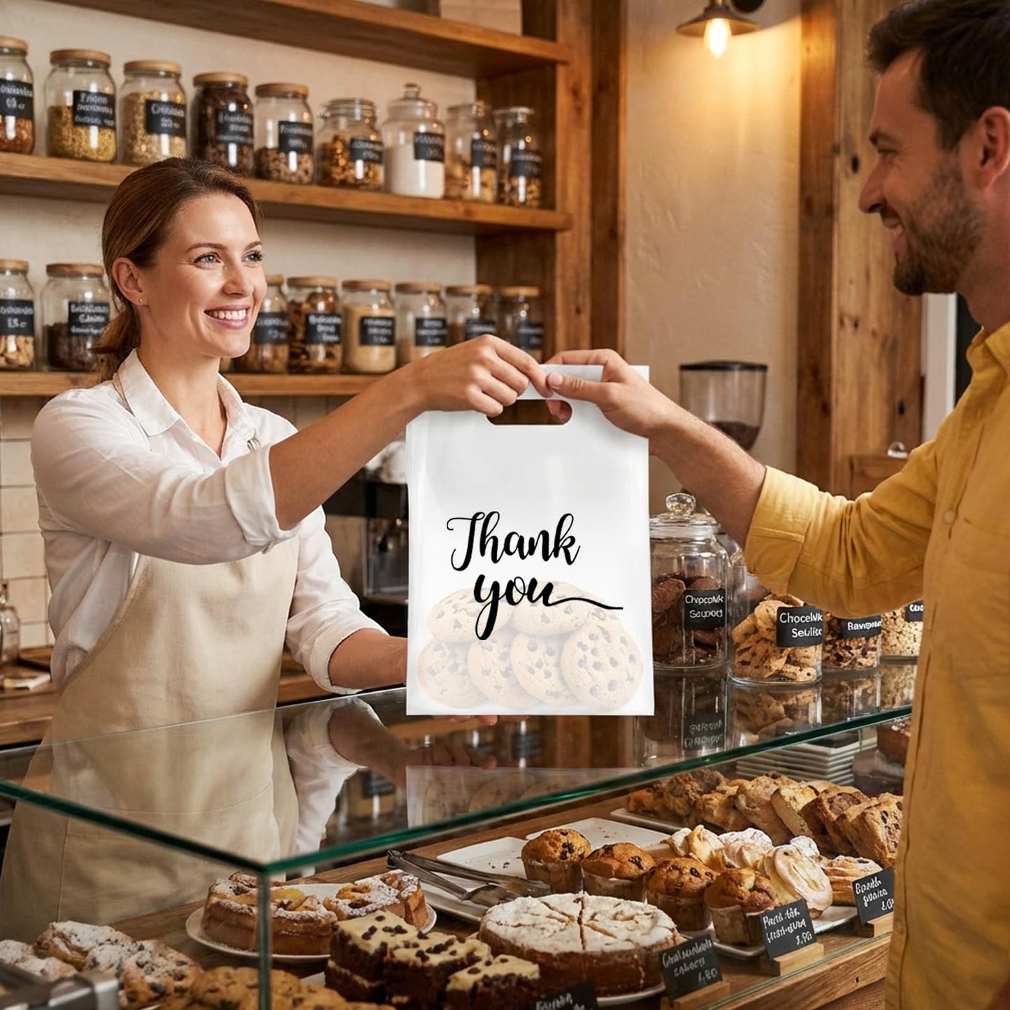 Giloaou 200 Pcs Thank You Merchandise Bags, 8.1” x 11.82” White Plastic Shopping Bags with Die Cut Handles, Premium Retail Gift Bag for Small Business, Boutique, Party Favors & Craft Packaging