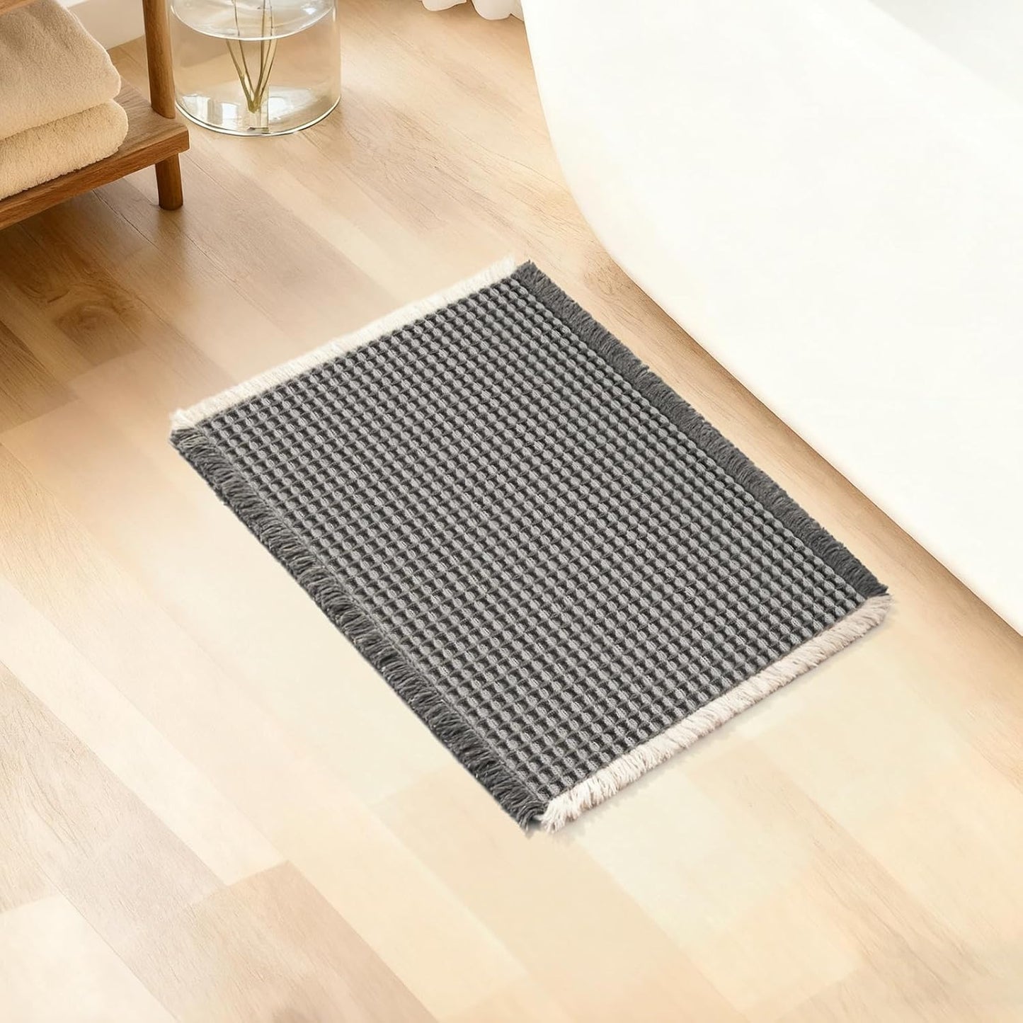 ArtyCozy Waffle Bath Mat, Super Absorbent Soft Non-Slip Boho Bath Rugs with Flat-Woven Hot Glue Backing for Bathroom, Machine Washable Bath Mats, 17" × 24", Grey & White