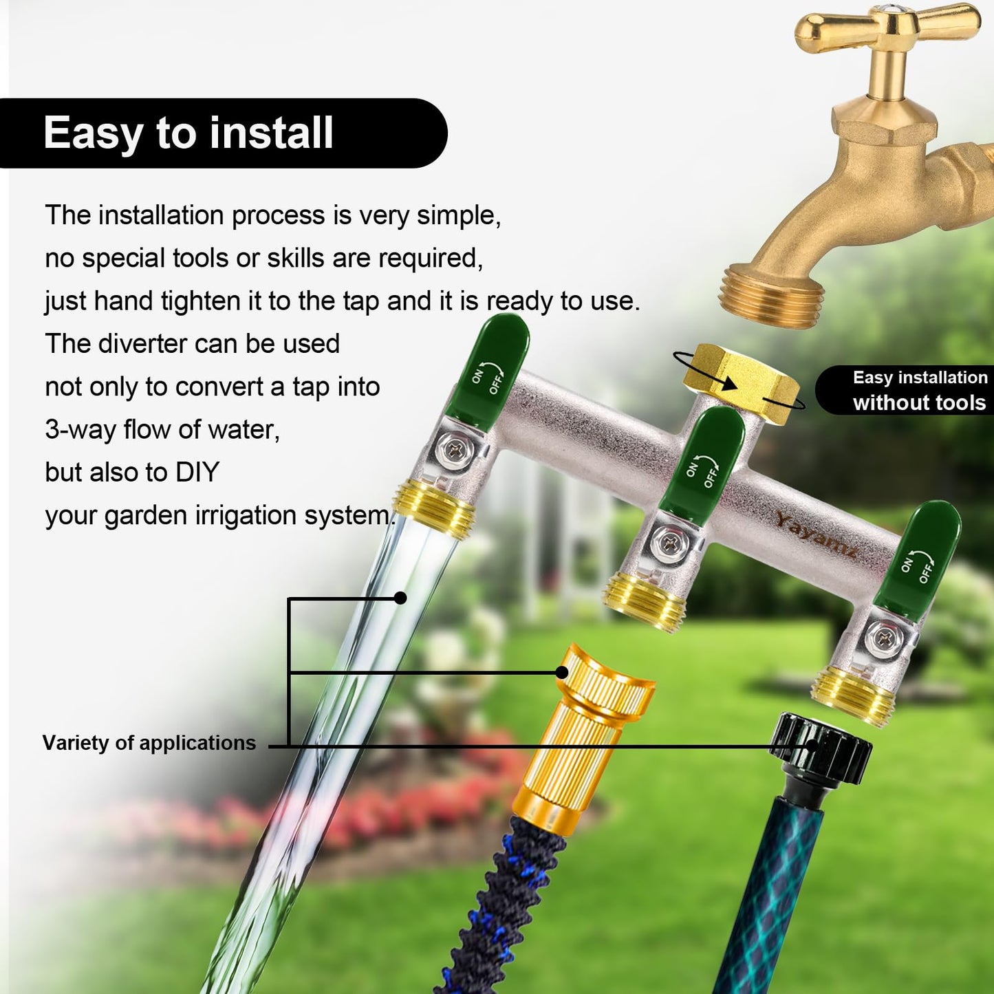 Yayamz 3 Way Garden Hose Splitter, Heavy Duty Brass Nickel Plated Rust Resistant Faucet Manifold, 3/4" Frost Resistant Outdoor Hose Adapter Connector，Hose Spigot Adapter with 3 Large Green Handles