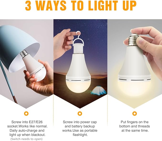 Neporal Emergency Rechargeable Light Bulbs Stay Light Up When Home Power Failure, 15W 80W Equivalent LED 1200mAh Self Charging Emergency Light Bulb for Power Outage, Camping, Tent (Warm White 4PK)
