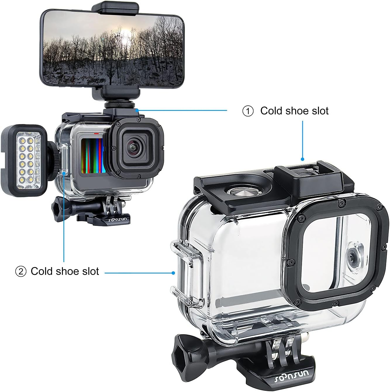 SOONSUN Waterproof Case with Dive Filters for GoPro Hero 13/12 / 11/10 / 9 Black, 196 Feet Underwater Protective Dive Housing Case with Red, Light Red, Magenta, 5X Close-up Macro Filters