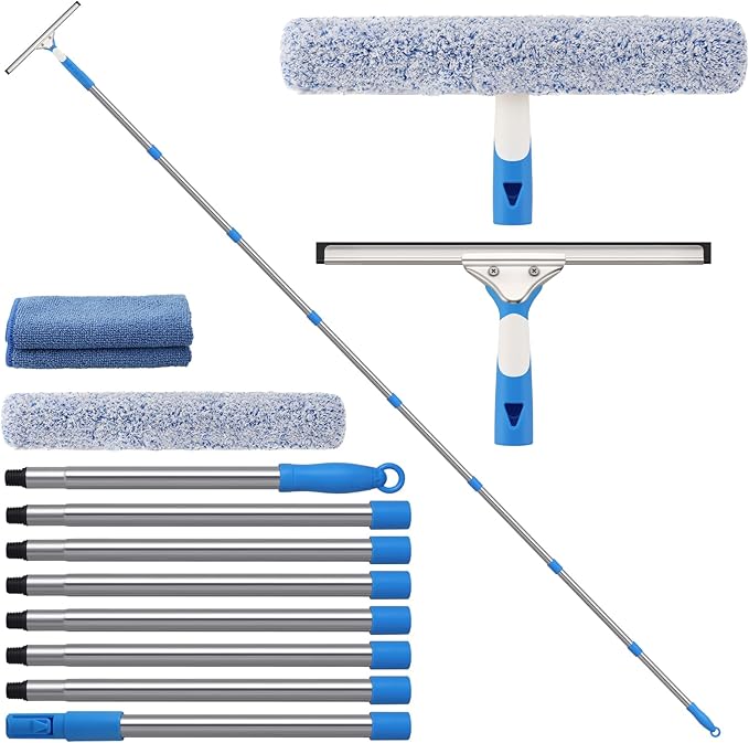 15 Feet High Reach Window Cleaning Kit with Extension Poles, Window Cleaner Tool with 14’’ Silicone Squeegee, Microfiber Scrubber & Cloth, Window Washing Equipment for Indoor/Outdoor Windows