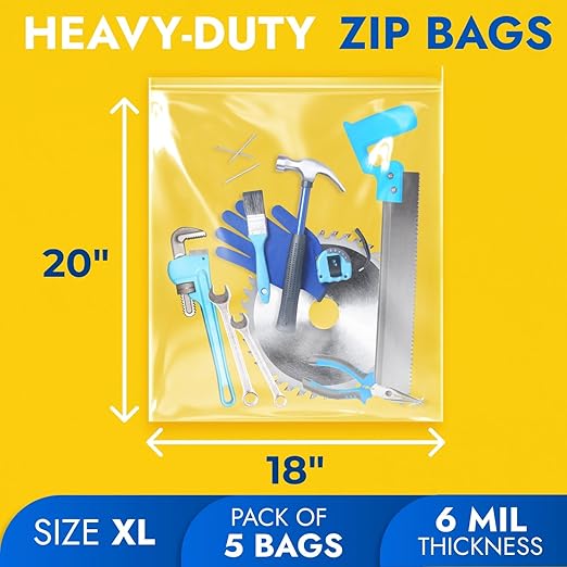 18" x 20" Large Zip Seal Lock Bags, 6 Mil (Pack of 5) – Heavy-Duty Reclosable Plastic Bags – Clear, Resealable, Waterproof – For Storing and Organizing Clothes, Jewelry, and Travel Items