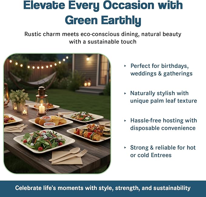 Biodegradable Disposable Party kit including 10" Plates, 7" Plates, Wooden Cutlery - Forks, Spoons, Knives & Napkins (For 50 Person Party - includes 350 total items)