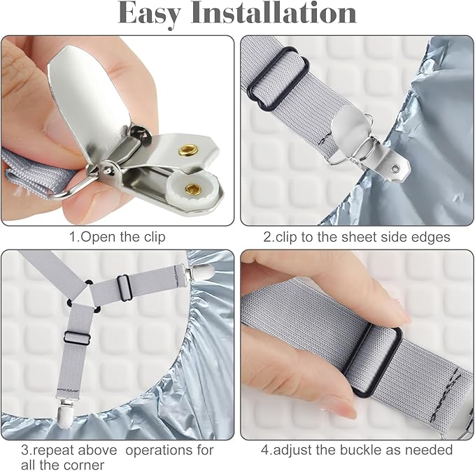 Morcheiong 2 Pack Bed Sheet Fasteners Straps Adjustable Bed Sheet Holder Bands with Sheet Clips for Bedding Stays Bedsheet Tie Downs - Grey