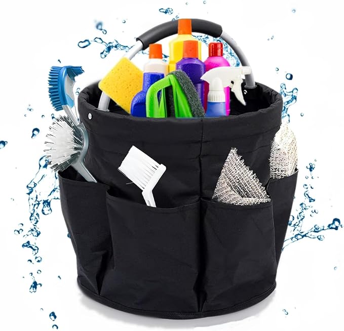 Qivine Cleaning Caddy for Cleaning Supplies, 17L Cleaning Supply Caddy with Handle Foldable Cleaning Supplies Organizer Bucket Tool Bag Organizer Cleaning Products Organizers for Home, Garden (Black)