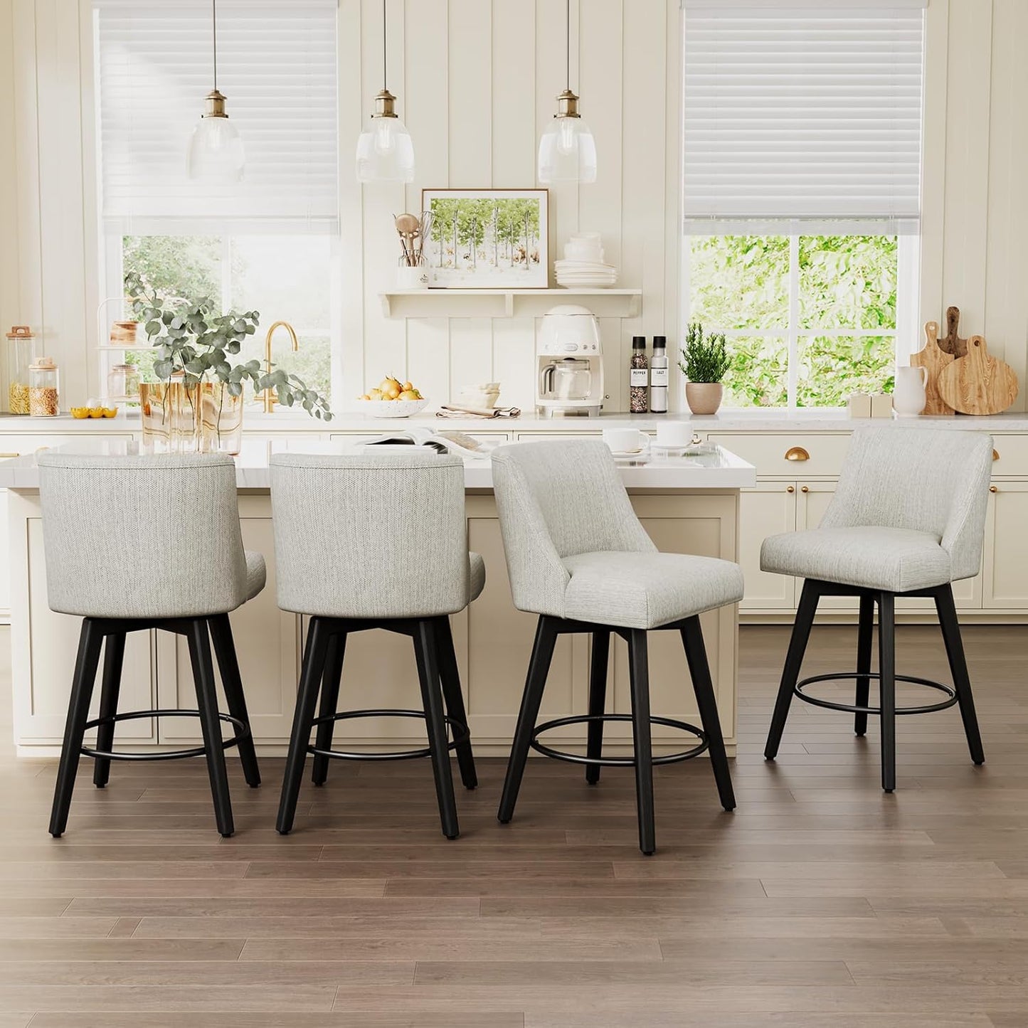 Vipbear Swivel Counter Height Bar Stools Set of 2,26.8" H Counter Stools with Back, Mid Century Modern Bar Stools for Kitchen Island,Linen Fabric,Wooden Base, White