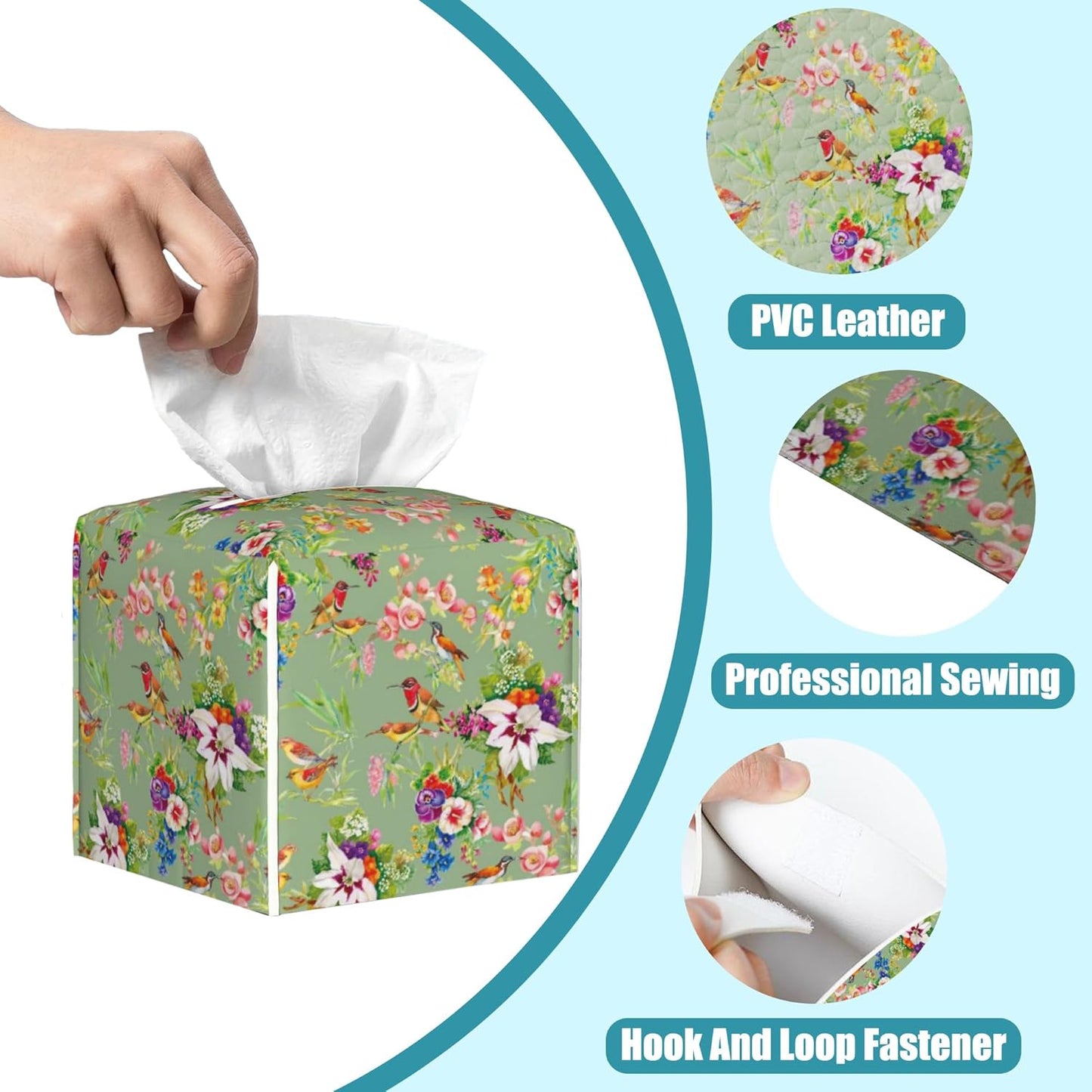 Watercolor Birds Tissue Box Cover,Exotic Wild Flowers Tissue Box Holder Square with Bottom Belt,Waterproof Modern Napkin Holder Organizer for Bedroom Dresser Night Stand Office Desk,5.2" x 5.2" x 5.2"