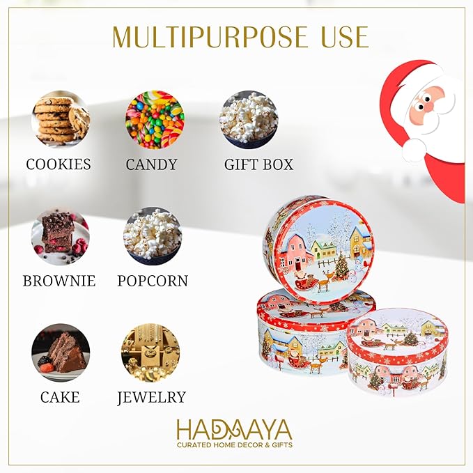 Pack of 3 Christmas Cookie Tins With Lids, Festive Holiday Cookie Tins for Treats & Gifts, Multipurpose Storage Container for Cookies, Snacks & More With Multicolor Christmas Wonderland Design